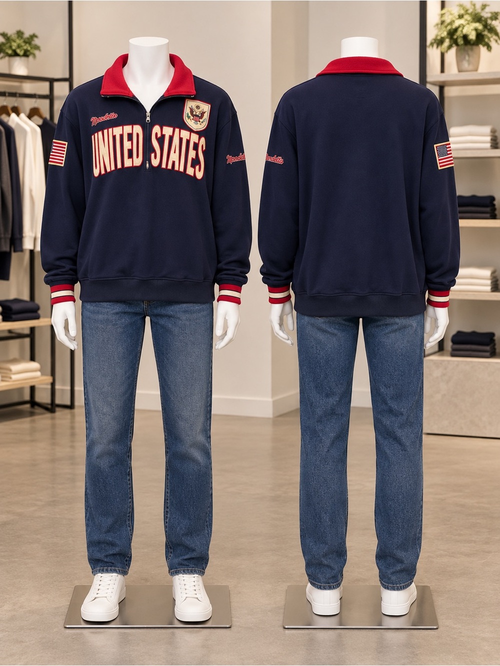 This is a vintage Mondetta USA Banner Jacket in blue
